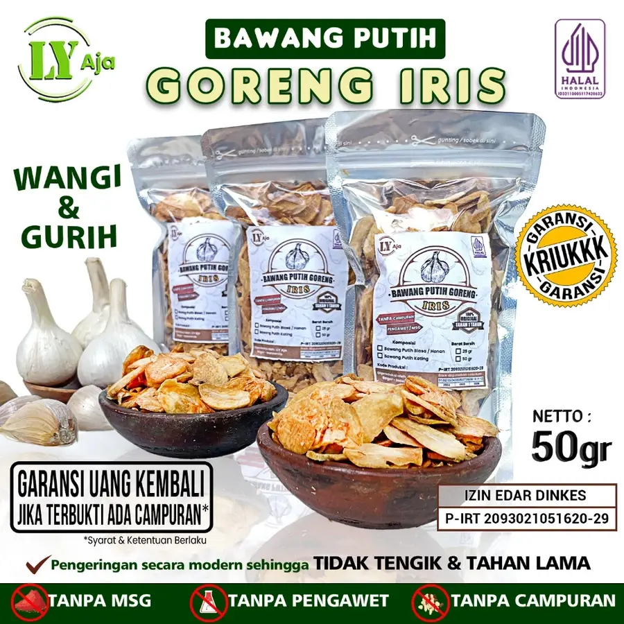 Bawang Putih Goreng Iris LY Aja 50gr – Kating & Honan, wangi, gurih, kriuk, tanpa MSG & pengawet