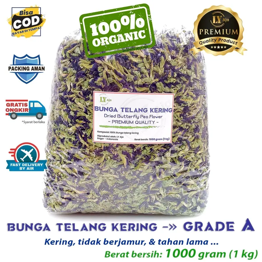 Teh bunga telang kering alami 1 kilo gram, kaya manfaat kesehatan dan antioksidan – Produk LY Aja