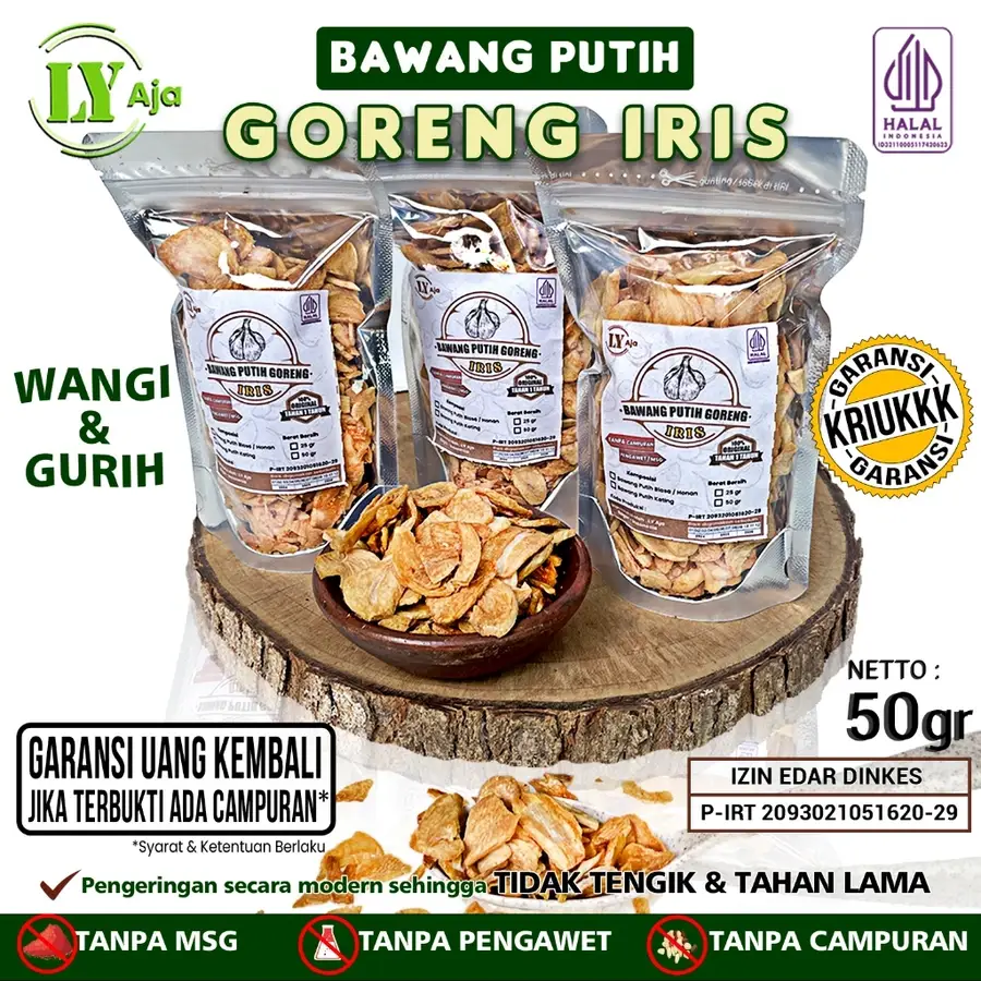 Bawang Putih Goreng Iris LY Aja 50gr – Kating & Honan, wangi, gurih, kriuk, tanpa MSG & pengawet