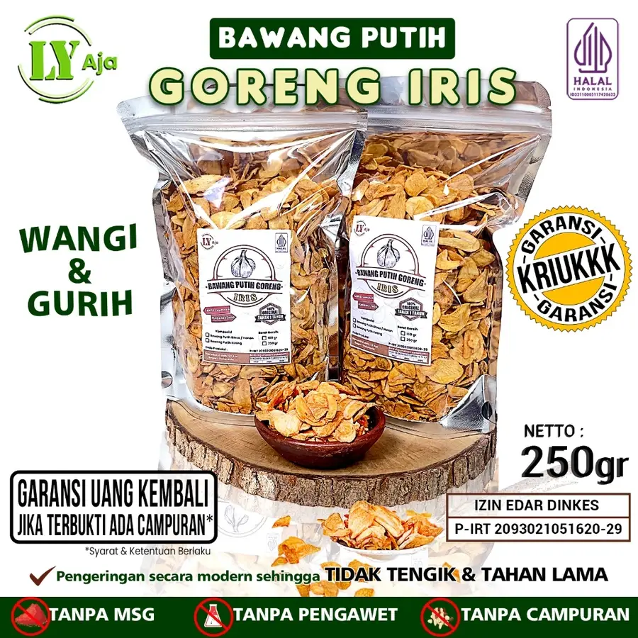 Bawang Putih Goreng Iris LY Aja 250gr – Kating & Honan, wangi, gurih, kriuk, tanpa MSG & pengawet