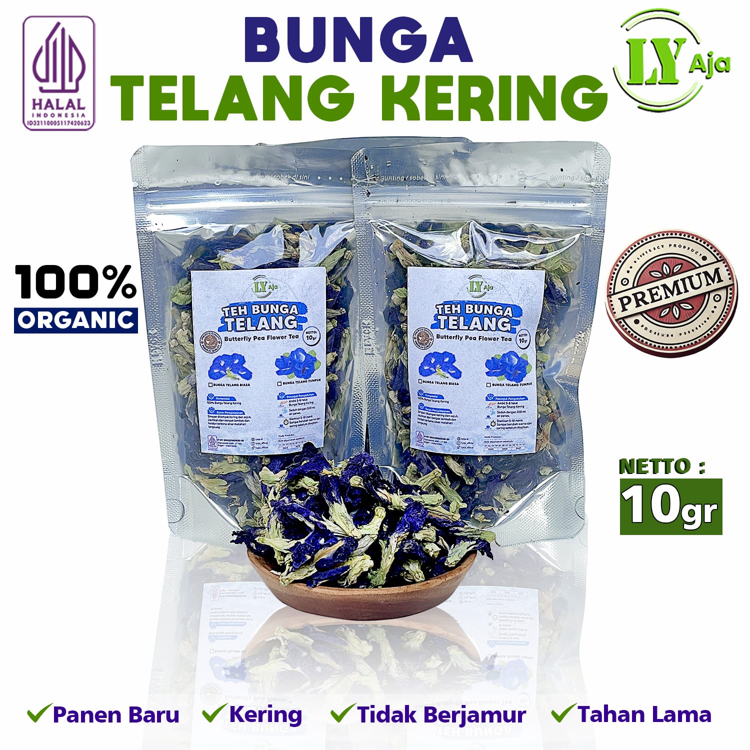 Teh Bunga Telang LY Aja – Double Layer Butterfly Pea Tea Organik, premium dan tanpa bahan kimia