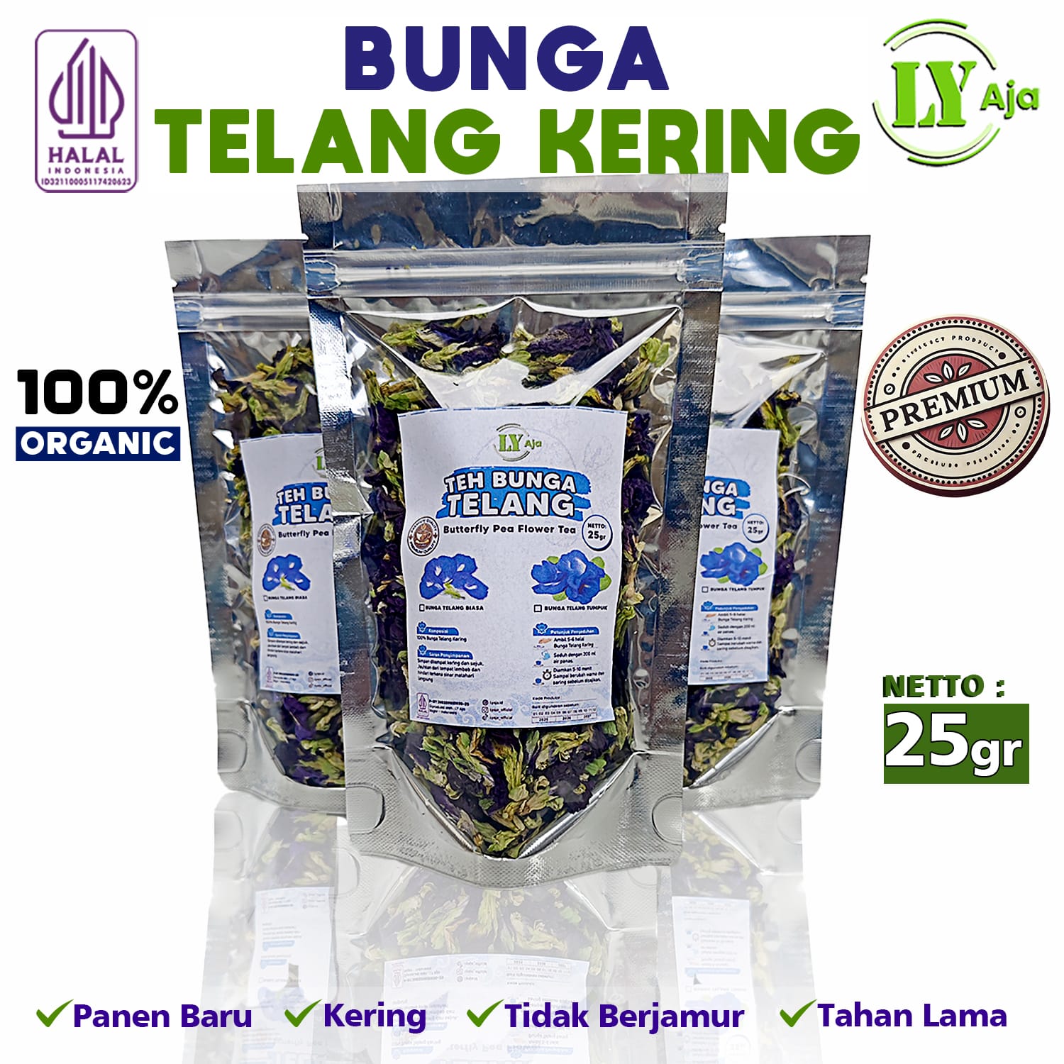 Teh Bunga Telang LY Aja – Double Layer Butterfly Pea Tea Organik, premium dan tanpa bahan kimia