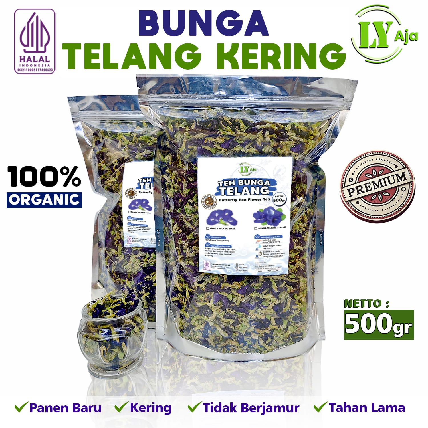 Teh Bunga Telang LY Aja – Double Layer Butterfly Pea Tea Organik, premium dan tanpa bahan kimia