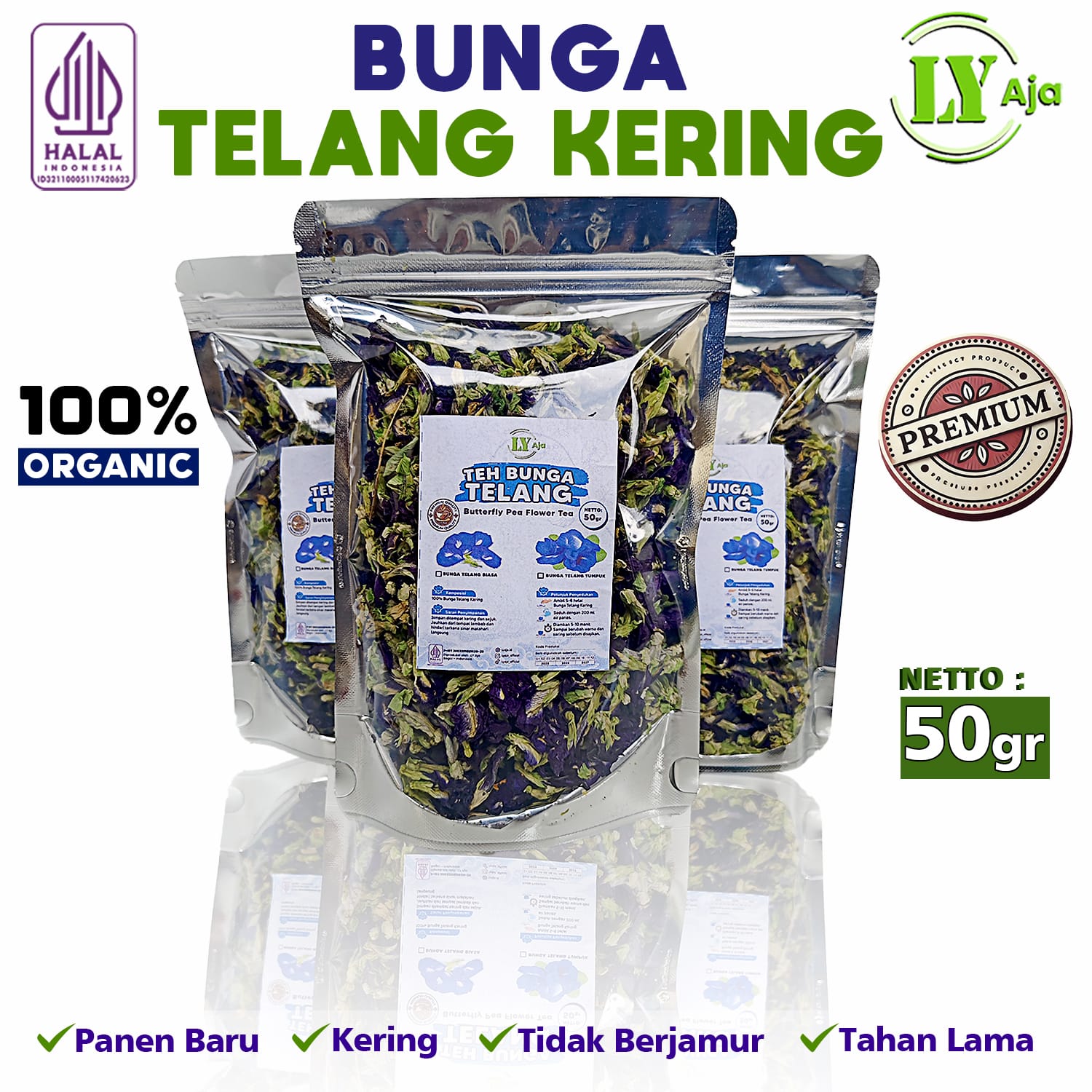 Teh Bunga Telang LY Aja – Double Layer Butterfly Pea Tea Organik, premium dan tanpa bahan kimia