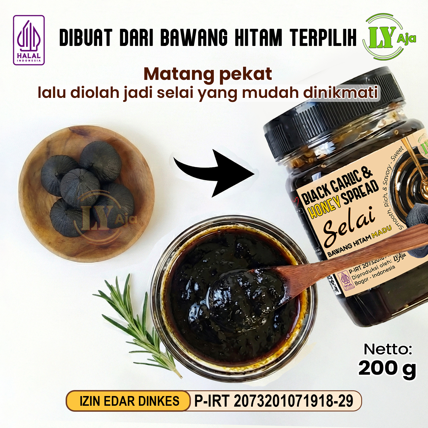 Kemasan toples selai black garlic madu 200g praktis tampak depan